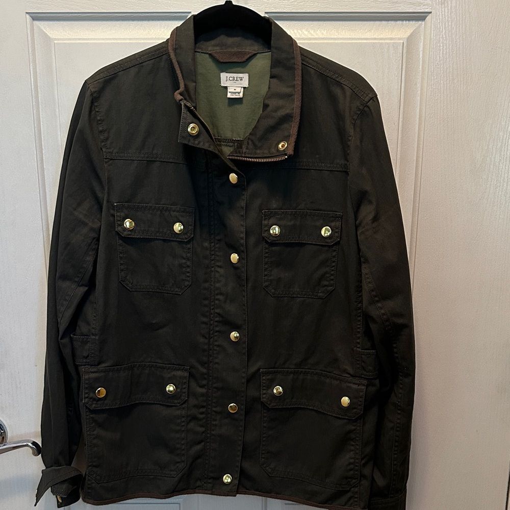 J. Crew Women's Dark Olive Utility Jacket Gold Snap Buttons & Zipper Size M